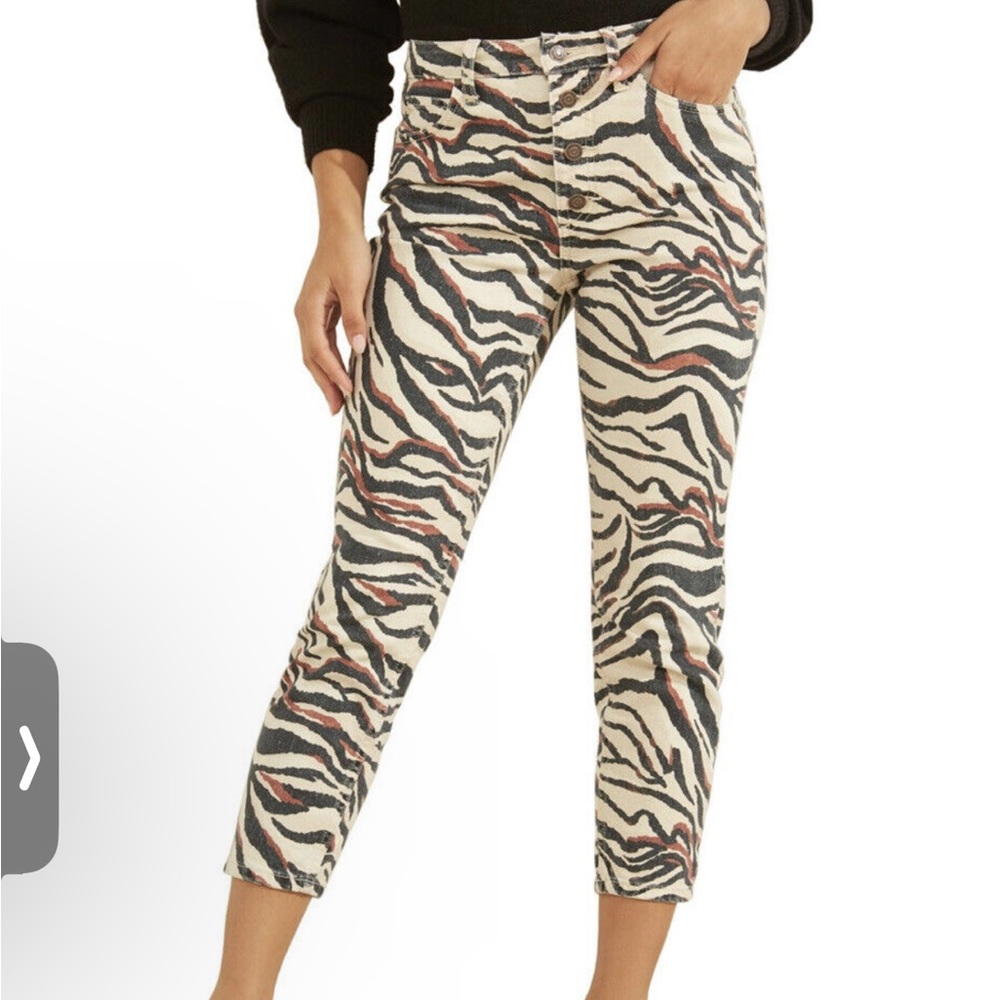 Guess Women’s 90’s High Rise Skinny Jeans Cropped Leg Animal Print Size 24 zebra